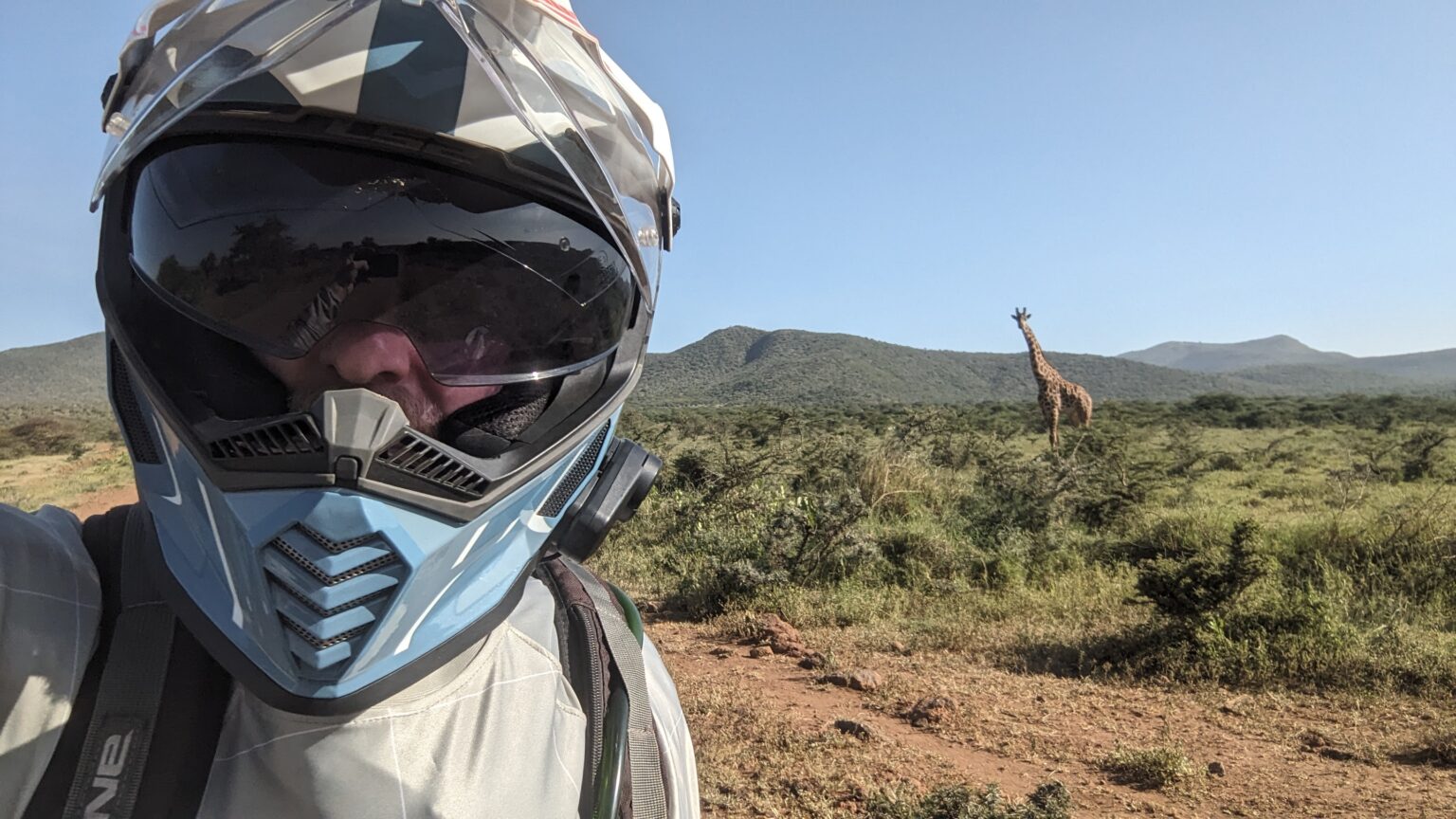 Rider in helmet, goggles and buff with giraffes in the background